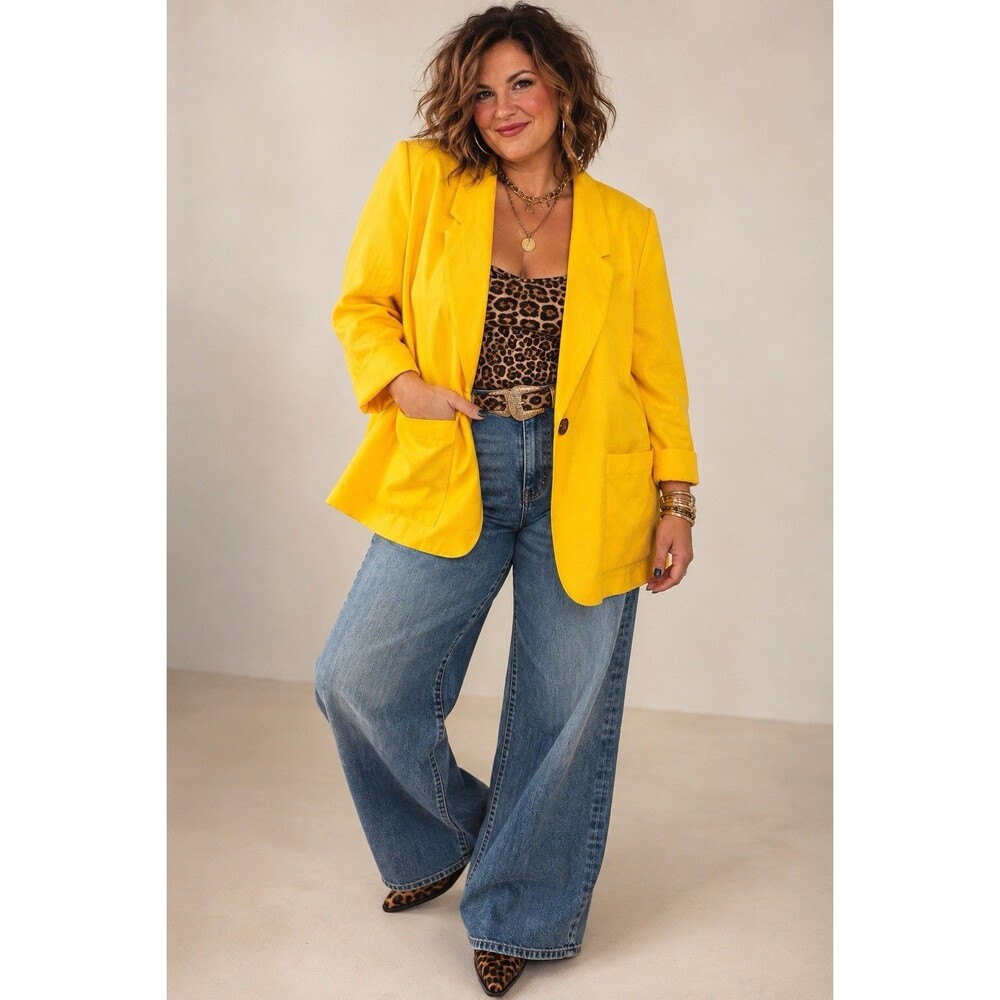 Maximalist Yellow Notch Blazer Single Button Patch Pocket 90s Office Siren Sz 12